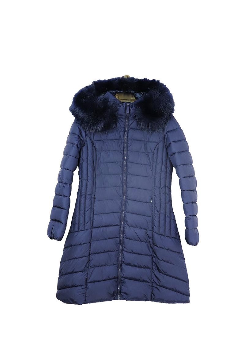 Navy Long Down Coat And Fur Hood