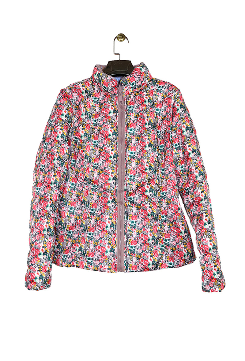 Rose Pink Reversible Puffer Down Coat With Flower Print